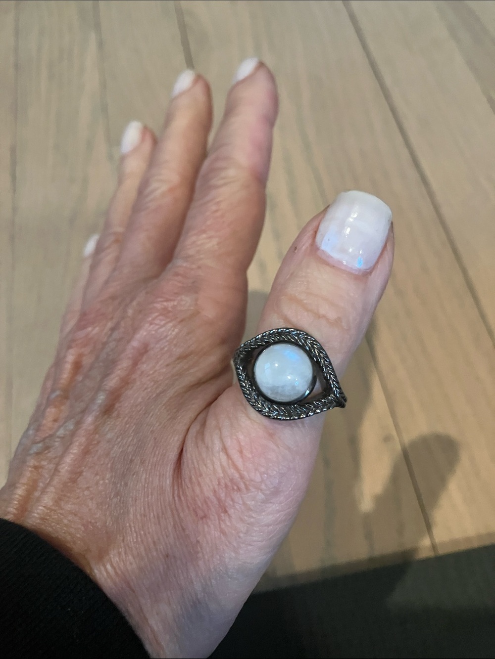 Sterling Silver Leaf-Frame Ring with White Cabochon